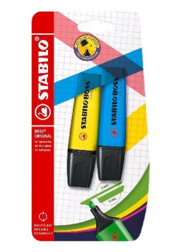 STABILO BOSS ORIGINAL EVIDENZIATORE PUNTA A SCALPELLO 2/5 mm GIALLO BLU CONF 2 Pz.